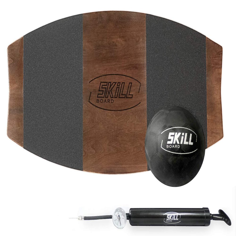 The Skill Board - Wooden Balance Board for Adults - Wobble Board for All Sports, Gym, Standing Desk - Balance Trainer, Fitness Ball, Ball Pump, Grip Tape