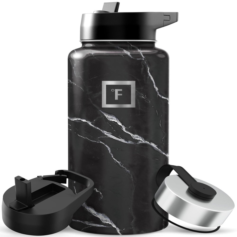 IRON FLASK Camping & Hiking Hydration Flask with Straw, Wide Mouth Insulated Stainless Steel Sports Water Bottle - 32 oz Black Marquina