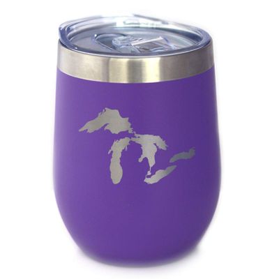 Bevvee Great Lakes Map Wine Tumbler with Sliding Lid - Stemless Stainless Steel Insulated Cup - Cute Outdoor Camping Mug - Purple