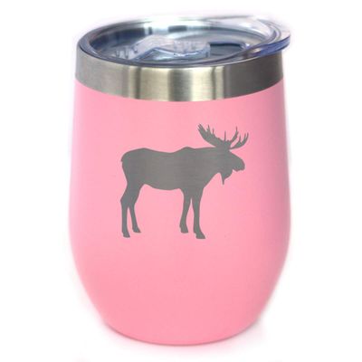 Bevvee Moose Wine Tumbler with Sliding Lid - Stemless Stainless Steel Insulated Cup - Cute Outdoor Camping Mug - Pink