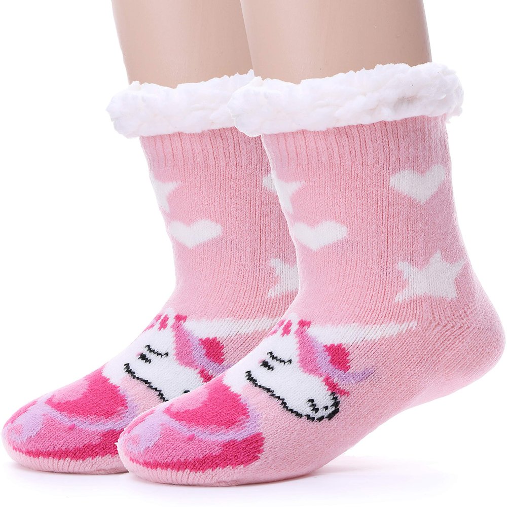 MOGGEI Girls Boys Slipper Socks Child Warm Fuzzy Fluffy Soft Fleece Lined Plush Thick Sherpa Winter Kids SocksUnicorn B-Pink,9-12 Y