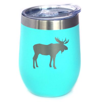 Bevvee Moose Wine Tumbler with Sliding Lid - Stemless Stainless Steel Insulated Cup - Cute Outdoor Camping Mug - Teal
