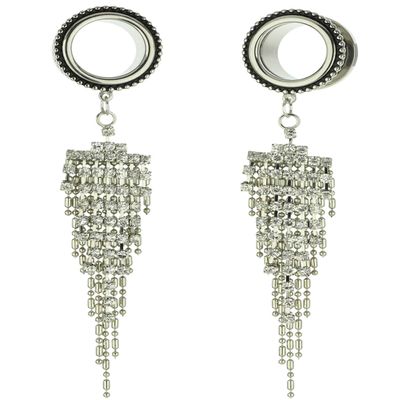 00G 10mm 316L Surgical Steel Clear Crystal Beads Tassel Dangle Ear Gauges Piercing Flesh Tunnels Plugs Statement Earrings