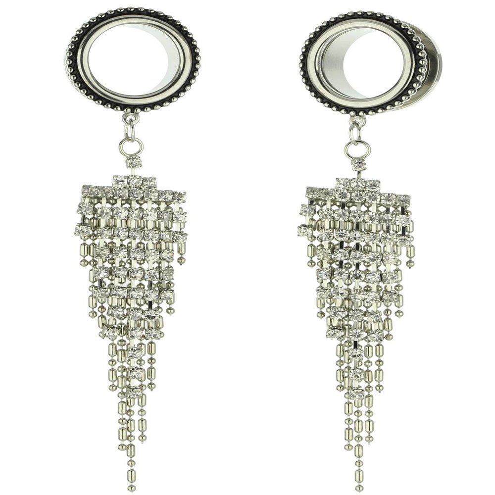 00G 10mm 316L Surgical Steel Clear Crystal Beads Tassel Dangle Ear Gauges Piercing Flesh Tunnels Plugs Statement Earrings