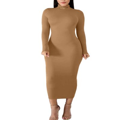 BORIFLORS Women's Sexy Basic Long Sleeve Turtleneck Bodycon Party Long Pencil Dress,Large,Khaki