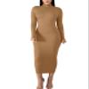 BORIFLORS Women's Sexy Basic Long Sleeve Turtleneck Bodycon Party Long Pencil Dress,Large,Khaki view 1