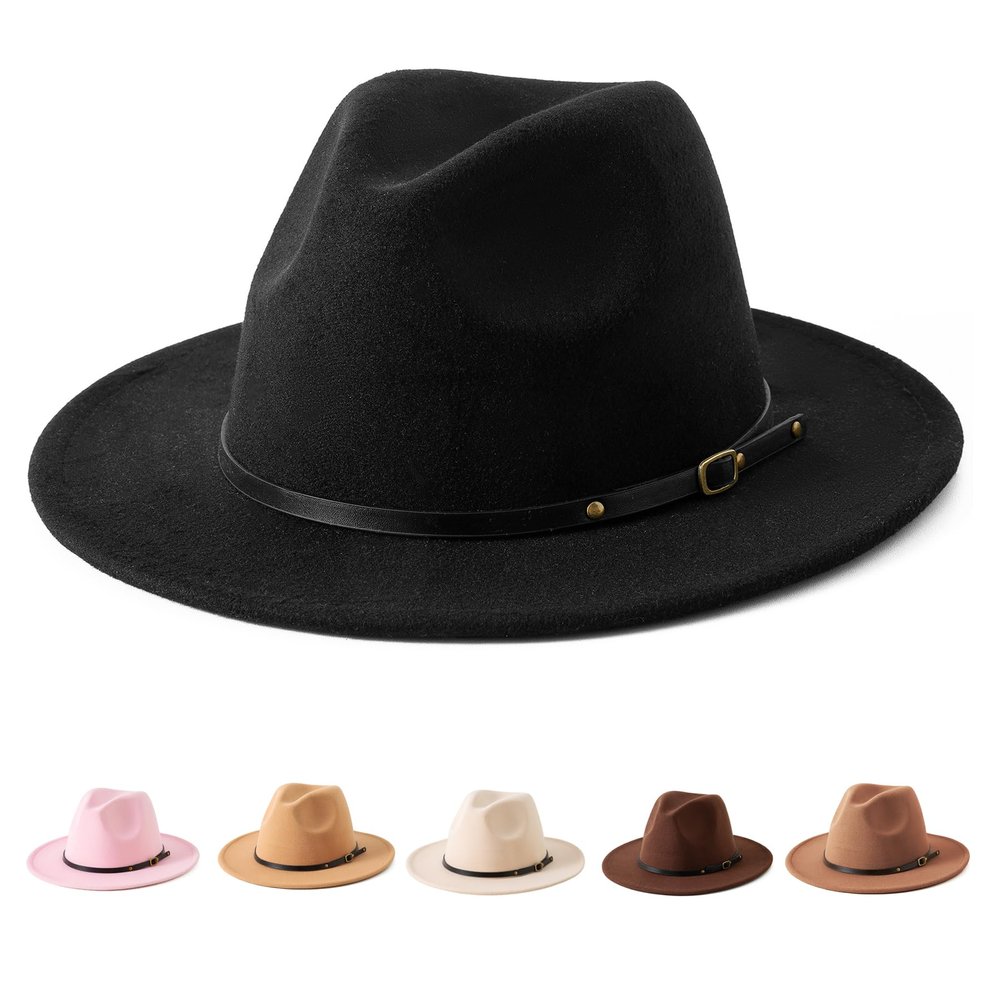 Jastore Kids Girls Boys Classic Wide Brim Bowknot Floppy Fedora Hat Wool Felt Bowler Cap (C-Black, 5-10 Years)