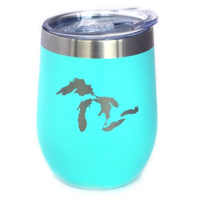 Bevvee Great Lakes Map Wine Tumbler with Sliding Lid - Stemless Stainless Steel Insulated Cup - Cute Outdoor Camping Mug - Teal