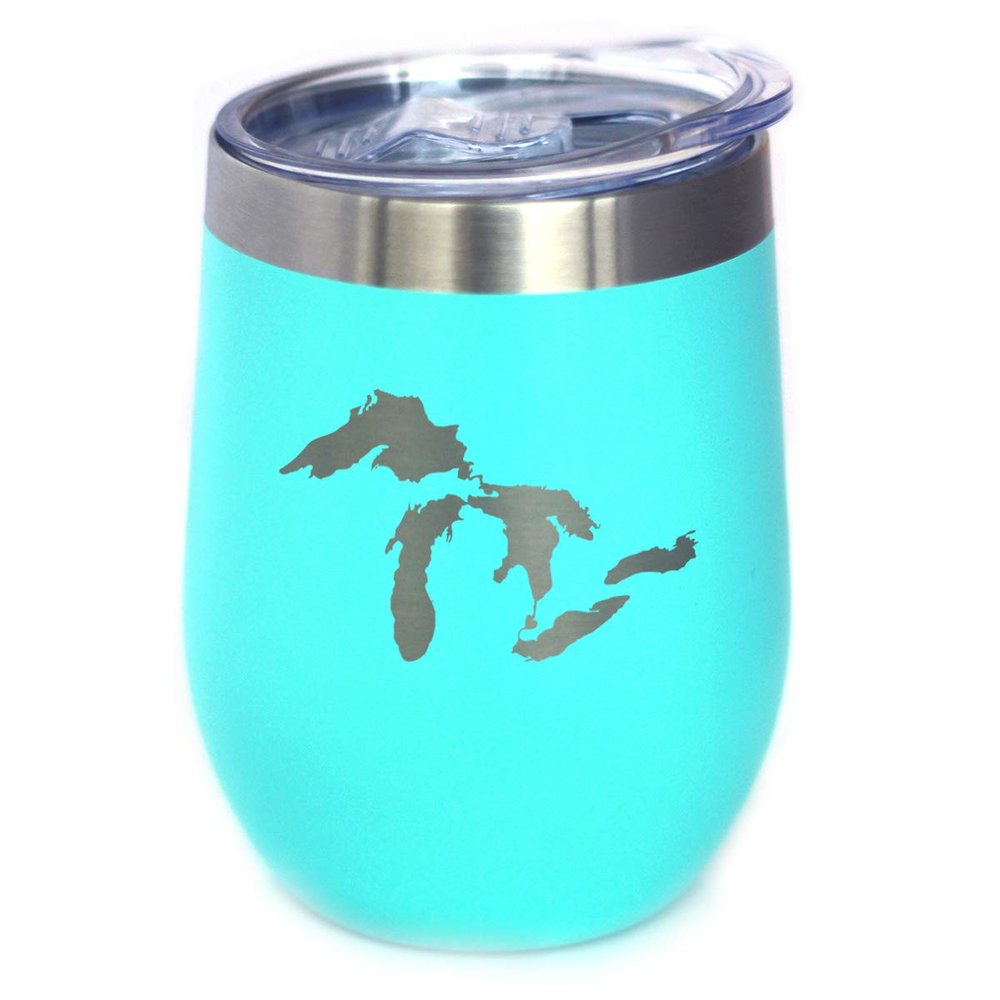 Bevvee Great Lakes Map Wine Tumbler with Sliding Lid - Stemless Stainless Steel Insulated Cup - Cute Outdoor Camping Mug - Teal