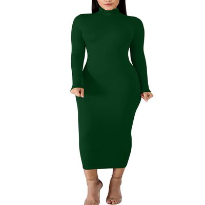 BORIFLORS Women's Sexy Basic Long Sleeve Turtleneck Bodycon Party Long Pencil Dress,Medium,Dark Green