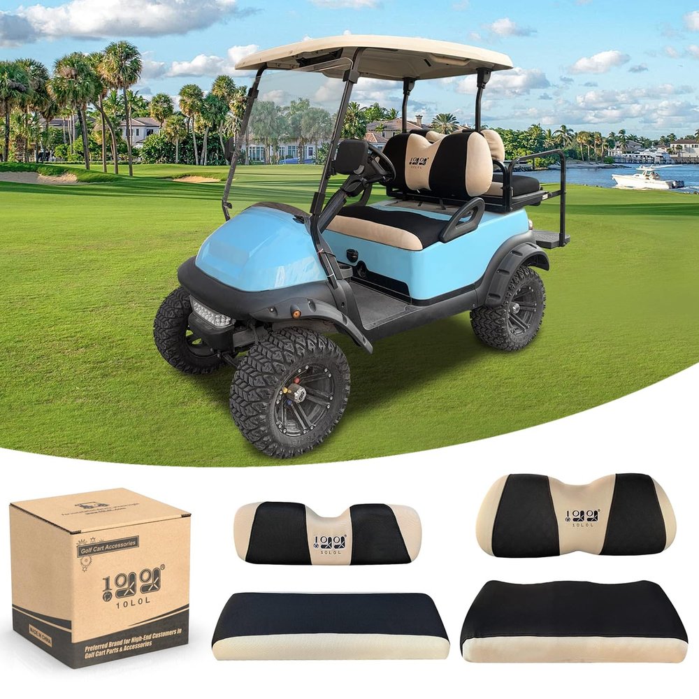 10L0L Golf Cart Front and Rear Seat Cover Set for Club Car DS/Precedent/Onward/Tempo & Yamaha G29 /Drive 2,Stylish 4 Passenger Front Back Seat Covers,Breathable Washable Polyester Mesh (Black/Beige)