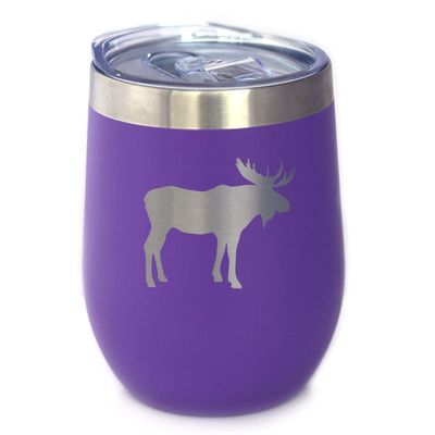 Bevvee Moose Wine Tumbler with Sliding Lid - Stemless Stainless Steel Insulated Cup - Cute Outdoor Camping Mug - Purple