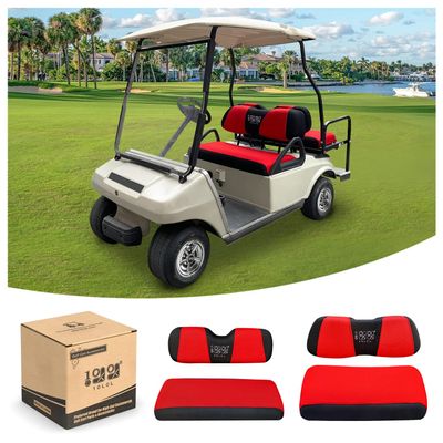 10L0L Golf Cart Front and Rear Seat Cover Set for EZGO TXT RXV 4 Passenger Models Bench Seat Covers Kit Breathable Washable Polyester Mesh Cloth Gray Black Beige Red (S+XS)