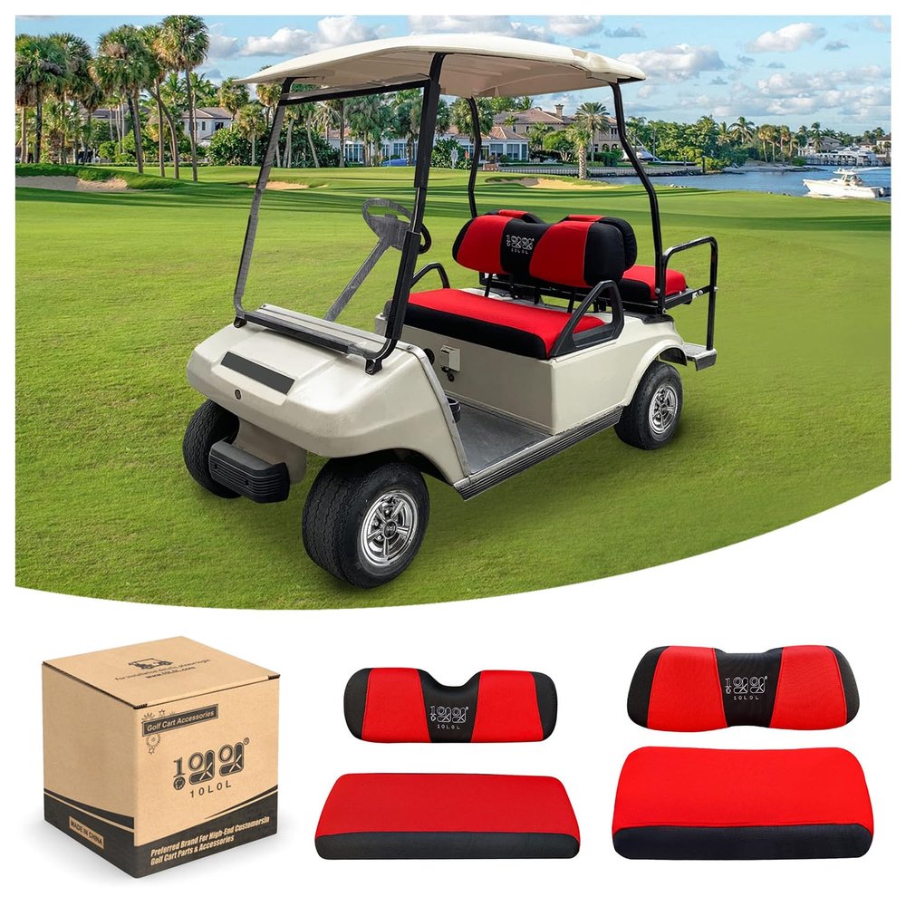 10L0L Golf Cart Front and Rear Seat Cover Set for EZGO TXT RXV 4 Passenger Models Bench Seat Covers Kit Breathable Washable Polyester Mesh Cloth Gray Black Beige Red (S+XS)