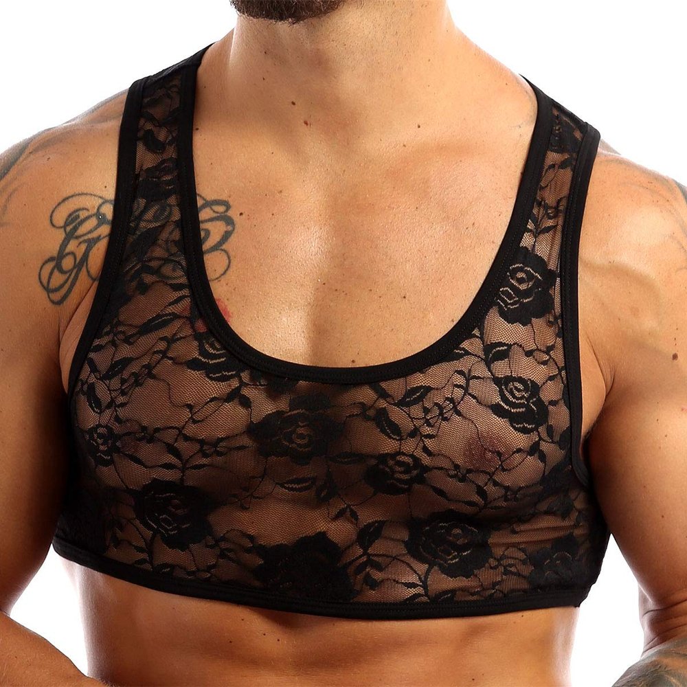 YOOJOO Mens Lingerie Sleeveless Sheer Floral Lace Muscle Sports Vest Tank Crop Tops T-Shirt Black Large