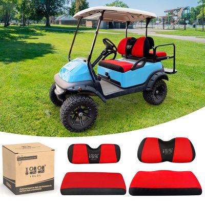 10L0L Golf Cart Front and Rear Seat Cover Set for Club Car DS/Precedent/Onward/Tempo & Yamaha G29 /Drive 2,Stylish 4 Passenger Front Back Seat Covers,Breathable Washable Polyester Mesh (Black/Red)