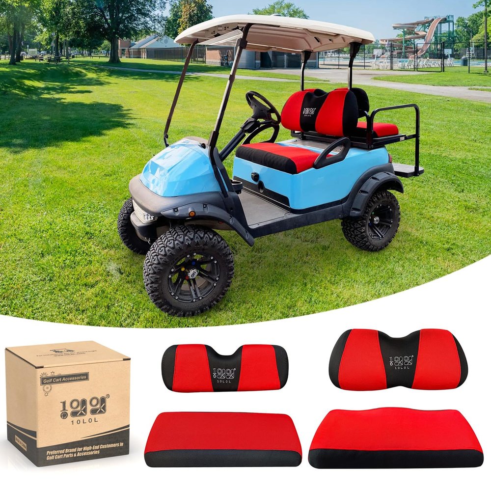 10L0L Golf Cart Front and Rear Seat Cover Set for Club Car DS/Precedent/Onward/Tempo & Yamaha G29 /Drive 2,Stylish 4 Passenger Front Back Seat Covers,Breathable Washable Polyester Mesh (Black/Red)