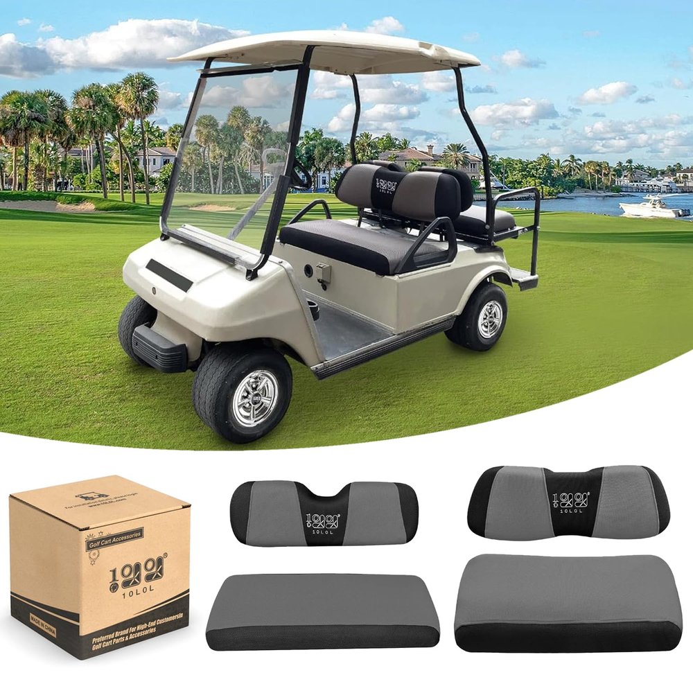 10L0L Golf Cart Front and Rear Seat Cover Set for EZGO TXT RXV 4 Passenger Models Bench Seat Covers Kit Breathable Washable Polyester Mesh Cloth Gray Black Beige Red (S+XS)