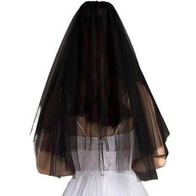 Aularso Black Bride Wedding Veil Simple Short Veils Fingertip Length Bridal Veils With Comb 2-Tier Cut Edge Hair Accessories Soft Tulle Veil for Brides (Black)