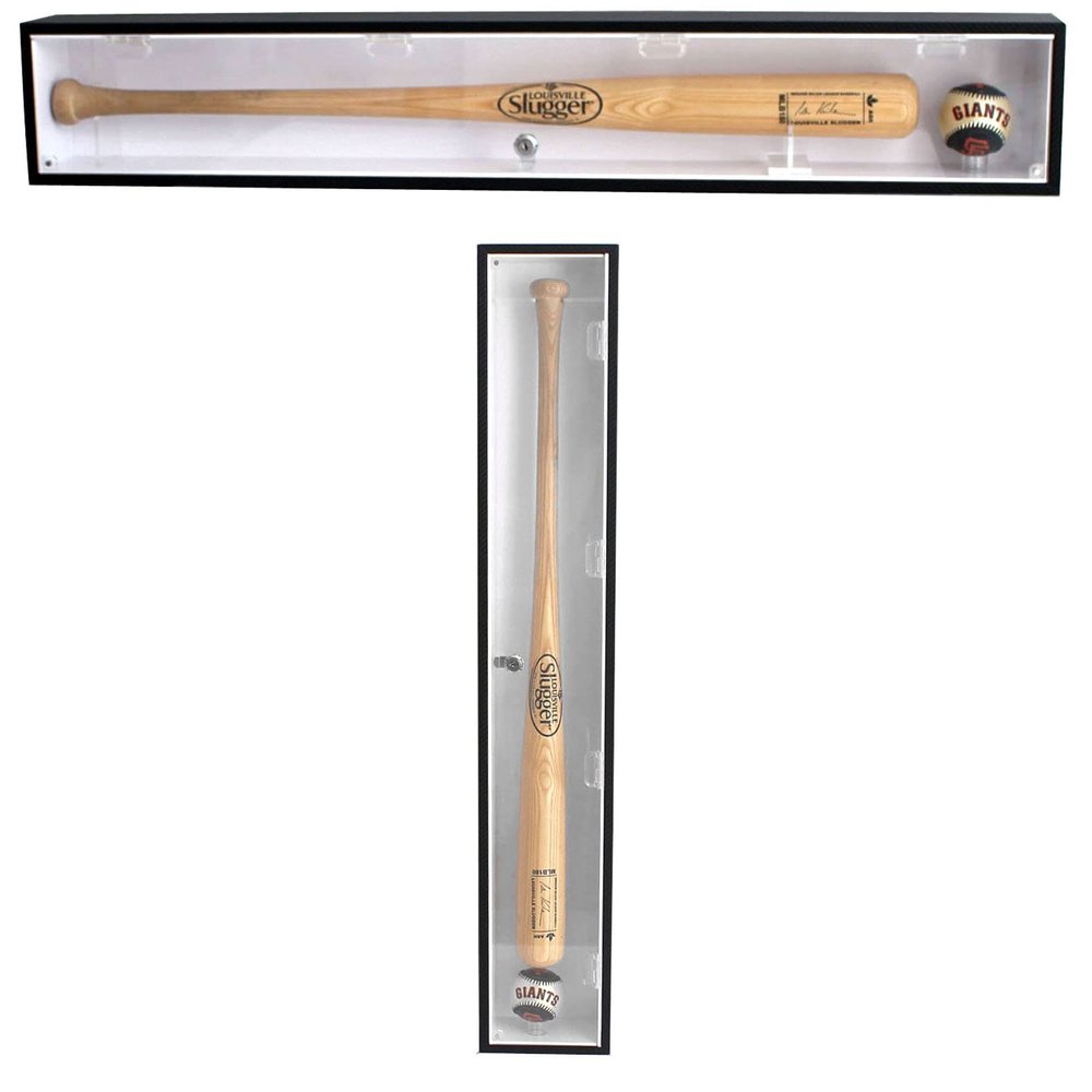 DisplayGifts Baseball Bat Display Case Rack Cabinet Holder Wall Mount, 98% UV Protection Acrylic Door, Lock, Can Hang Vertical or Horizontal (Black Frame, White Interior)
