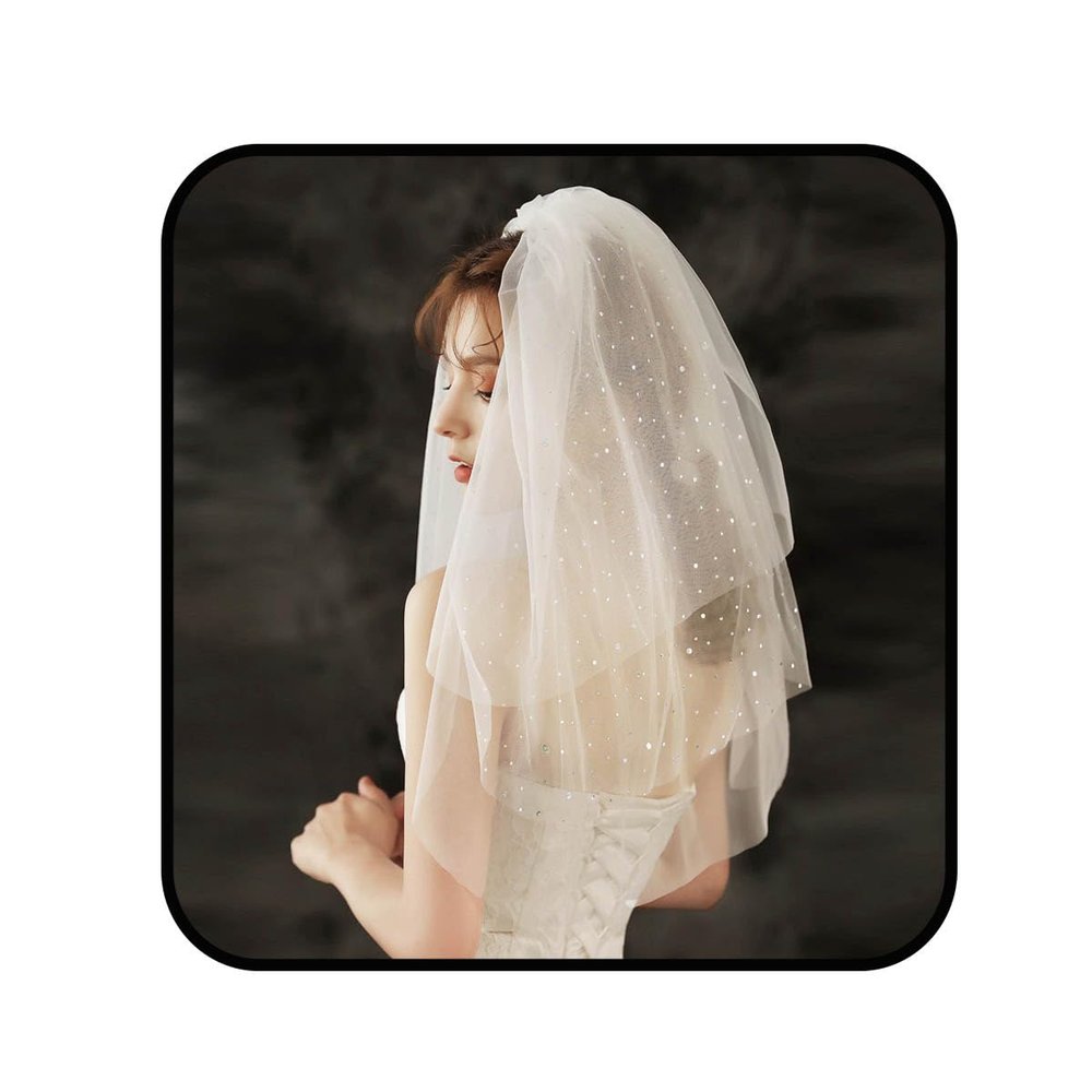 Aularso Ivory Wedding Veils Short Lace Bridal 3-Tier Veil for Brides Shiny Mesh Wedding Veils Soft Tulle Veil for Women