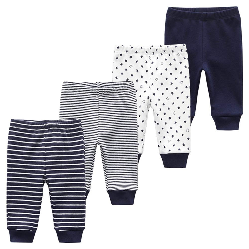 Chamie Unisex Newborn Baby Cotton 4-Pack Pants Embroidery Pringting Casual Leggings 0-24 Months for Boys and Girls Darkblue
