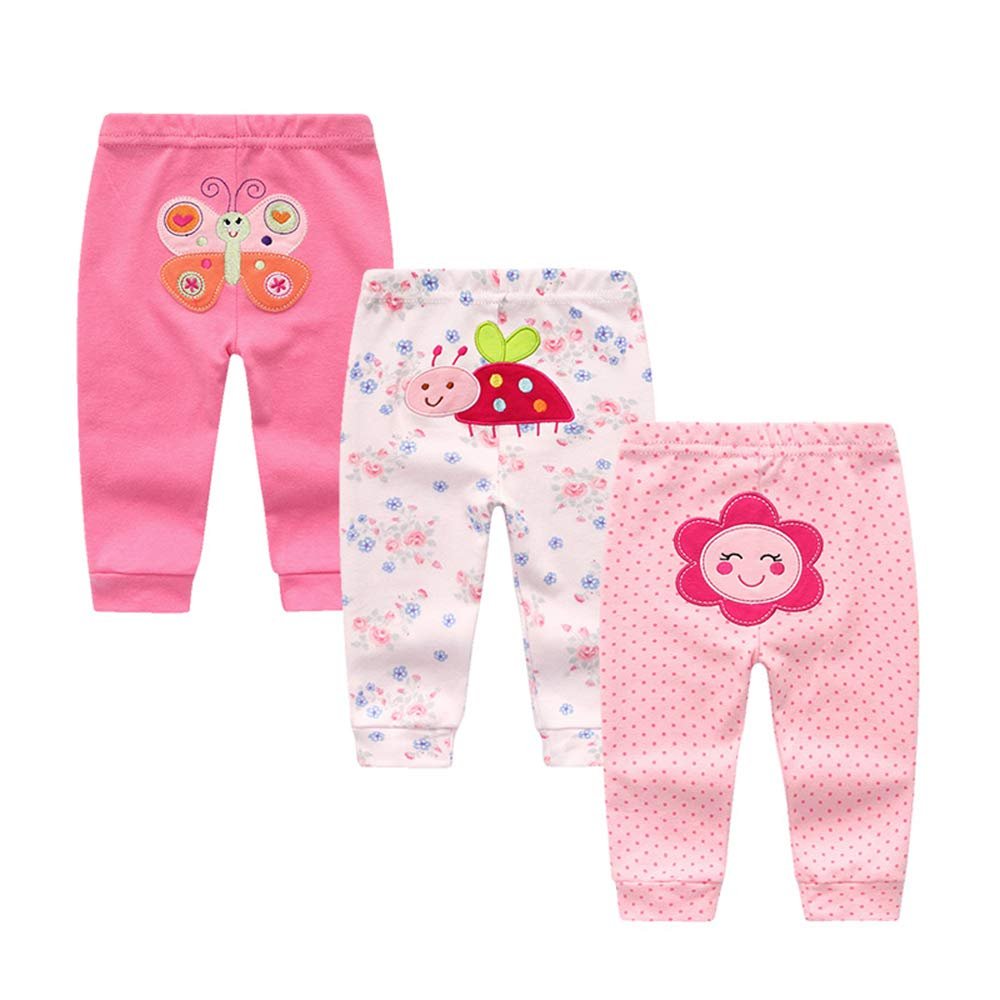 Chamie Unisex Newborn Baby Cotton 3-Pack Pants Embroidery Pringting Casual Leggings for Boys and Girls