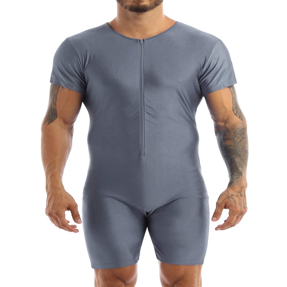 QinCiao Men's Short Sleeve Leotard Zipper Front Bodysuit Wrestling Singlet Boxer Briefs Rompers Gray Medium
