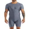 QinCiao Men's Short Sleeve Leotard Zipper Front Bodysuit Wrestling Singlet Boxer Briefs Rompers Gray Medium view 1