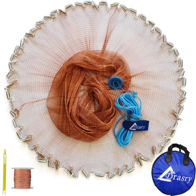 Drasry Saltwater American Fishing Cast Net 3/8inch Mesh Size for Bait Shrimp Trap Fish Heavy Duty Sinkers Throw Net 3FT to 1210FT Radius Tire Lines 5FT Radius