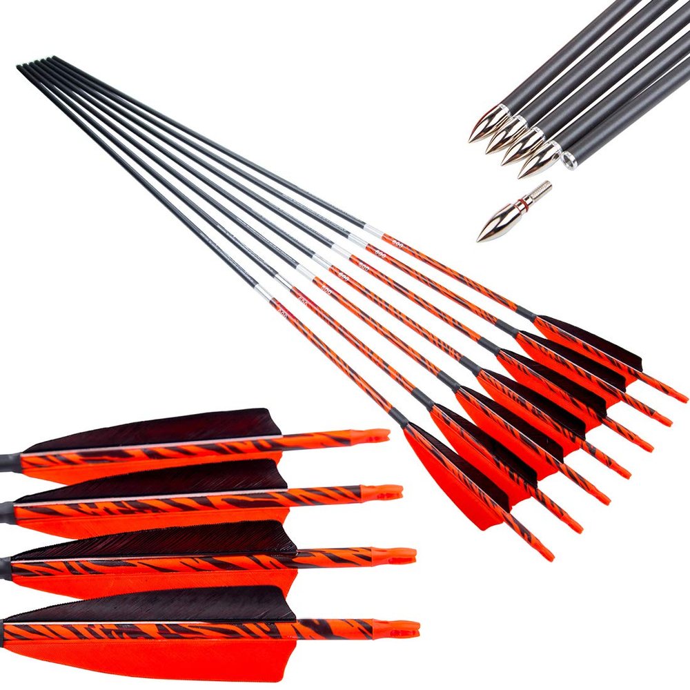 Pinals Archery Traditional Arrows 300 400 500 600 Spine Turkey Feather 32 Inch Carbon Shafts for Recurve Bow Longbow Hunting Targets 12PCS Spine 500