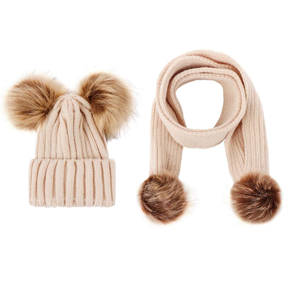 ZUOCHEN Toddler Winter Hat Scarf Set Pom Pom Beanie Bobble Hat Beanie Hat (Beige)