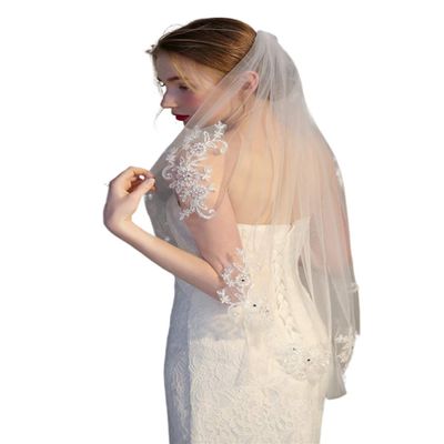 Bmirth 2 Tiers Bride Wedding Veil - White Bridal Tulle Veil with Flower Lace Edge and Comb (A-white, Ivory)