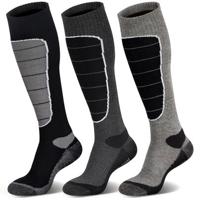 Merino Wool Ski Socks for Cold Weather, Snowboarding, Snow, Winter - Thermal Knee-High Warm Socks for Hunting, Outdoor Sports (3 Pairs, Black/Grey, Medium)