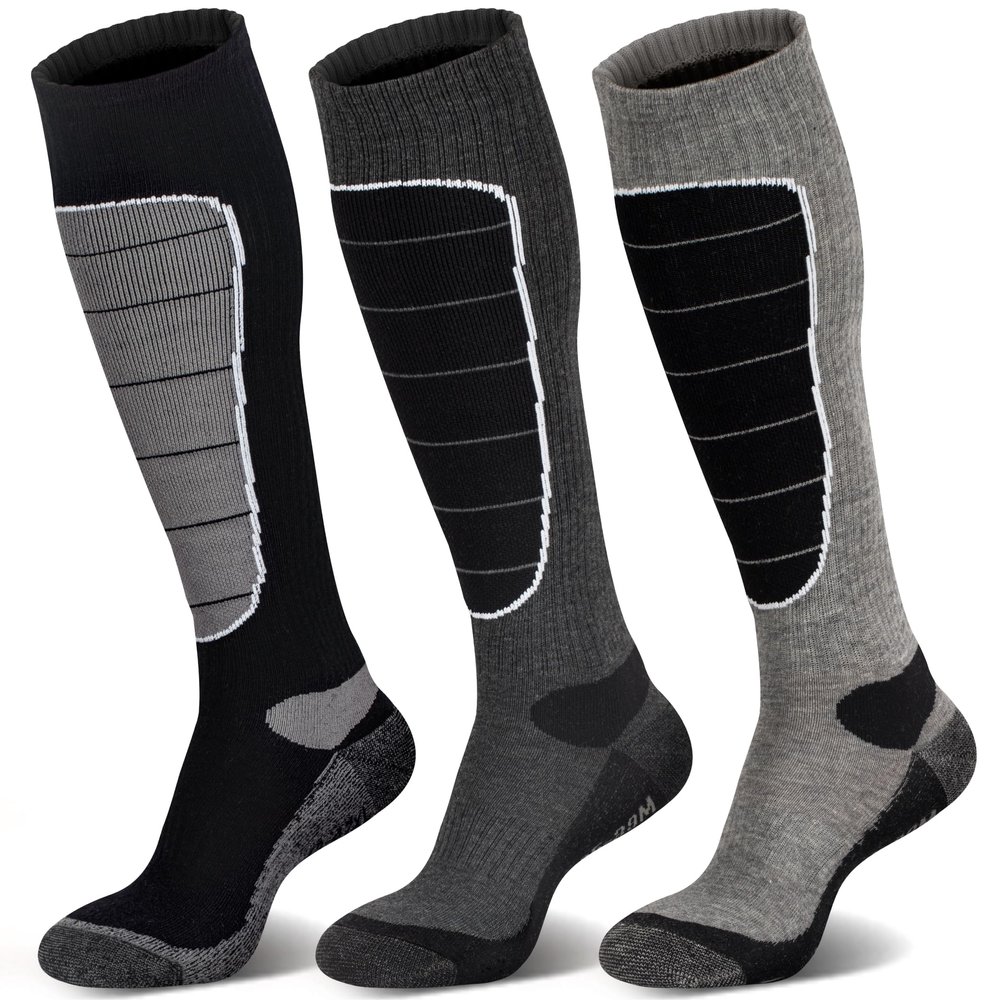 Merino Wool Ski Socks for Cold Weather, Snowboarding, Snow, Winter - Thermal Knee-High Warm Socks for Hunting, Outdoor Sports (3 Pairs, Black/Grey, Medium)