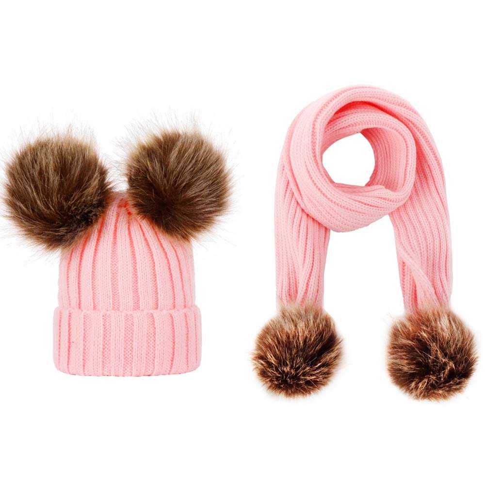 ZUOCHEN Toddler Winter Hat Scarf Set Pom Pom Beanie Bobble Hat Beanie Hat (Pink)