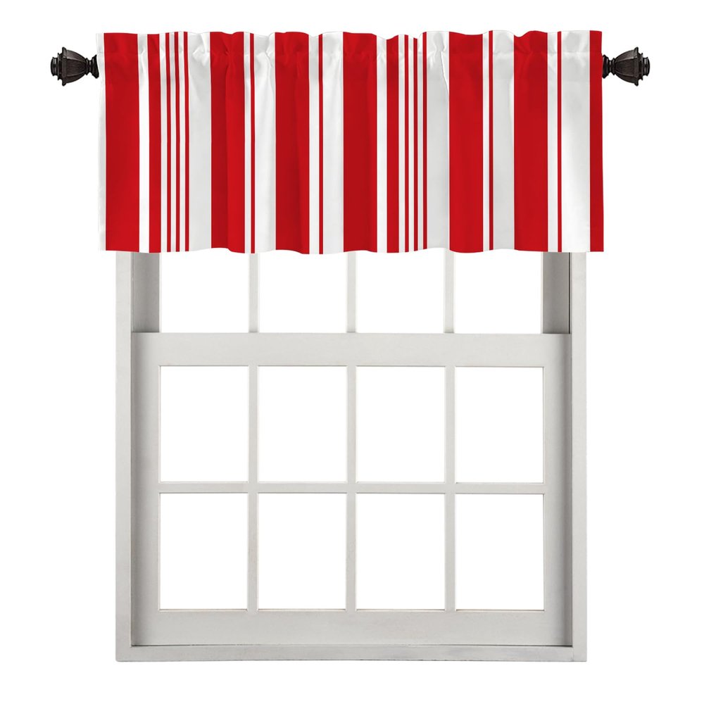 BaoNews Red Christmas White Kitchen Valances Window Curtain, Candy Cane Christmas Stripes Blackout Decoration Small Window Valances Curtains Drapes for Kitchen Bedroom, 52 X 18 Inch