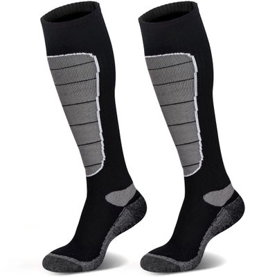 Hylaea Merino Wool Ski Socks, Cold Weather Socks for Snowboarding, Snow, Winter, Hunting, Thermal, Knee high Warm, Outdoor Sports Grey Black 2 Pairs Medium