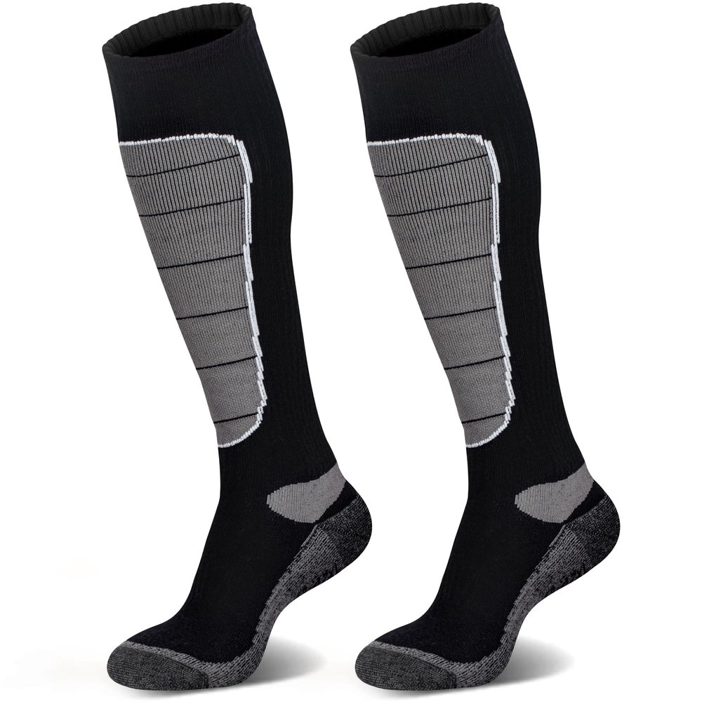 Hylaea Merino Wool Ski Socks, Cold Weather Socks for Snowboarding, Snow, Winter, Hunting, Thermal, Knee high Warm, Outdoor Sports Grey Black 2 Pairs Medium
