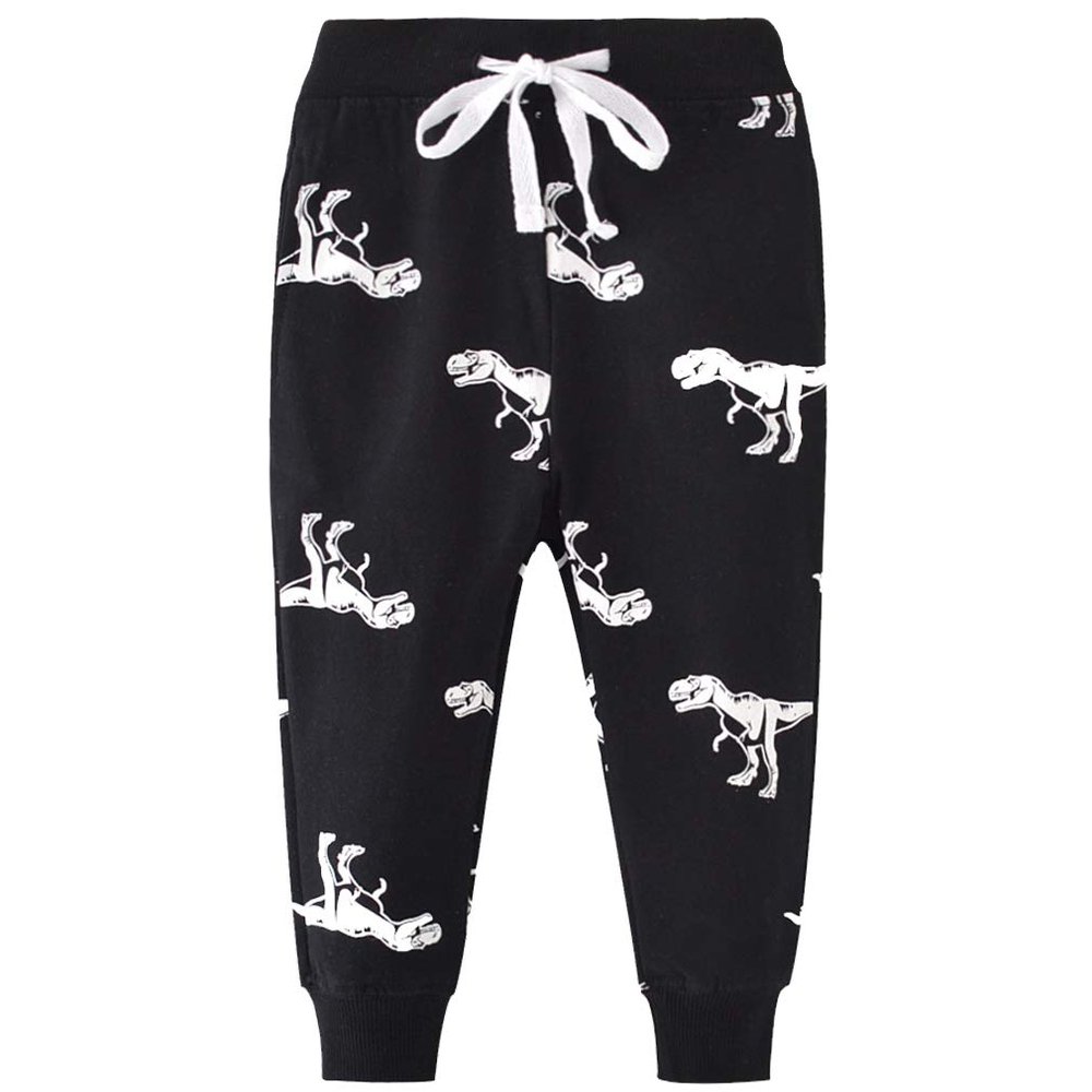 ACESTAR Toddler Boy Cartoon Pattern Cotton Sweatpants Drawstring Elastic Casual Jogger Pants with Pocket for Girl Athletic Pant for KidBlack Dinosaur,2T