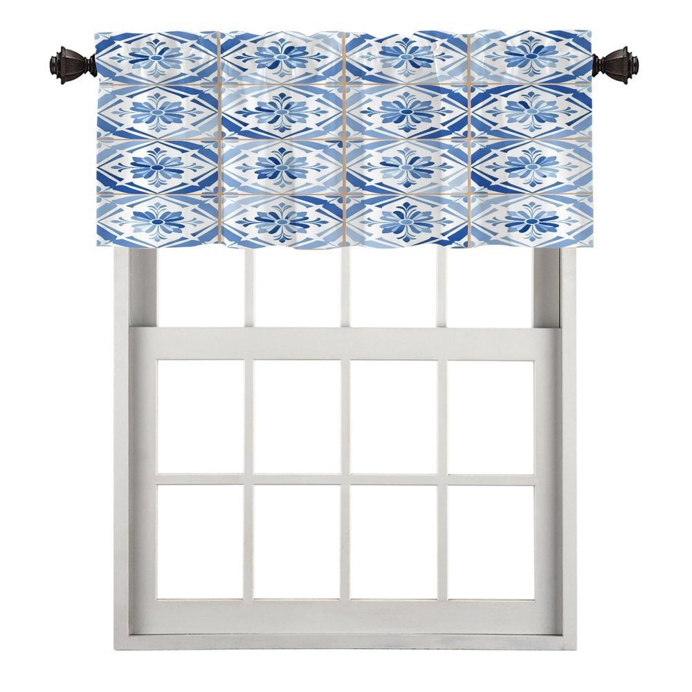 BaoNews Blue and White Kitchen Valances Window Curtain, Damask Design Floral Ornamental Geometric and Square Print Blackout Decoration Window Valances Curtains Drapes Bedroom, 52 X 18 Inch