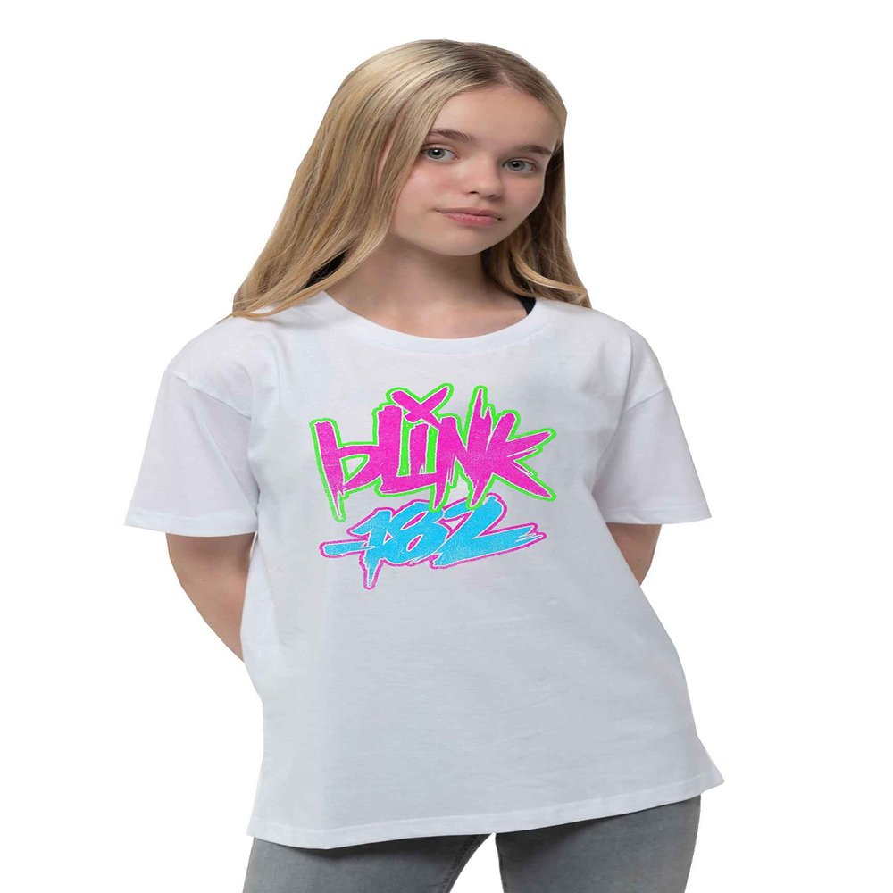 Blink 182 Kids T Shirt Neon Band Logo Official White (Ages 7-14 Yrs) Size Large (9/10 Yrs)