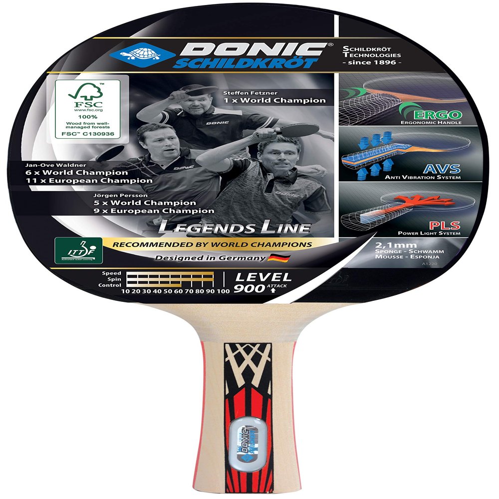 Donic-Schildkrt Legends 900 FSC Table Tennis Bat, AVS, PLS & Ergo-Grip, 2.1 mm Sponge, FSC Wood, Spinmax - ITTF Rubber, 754426