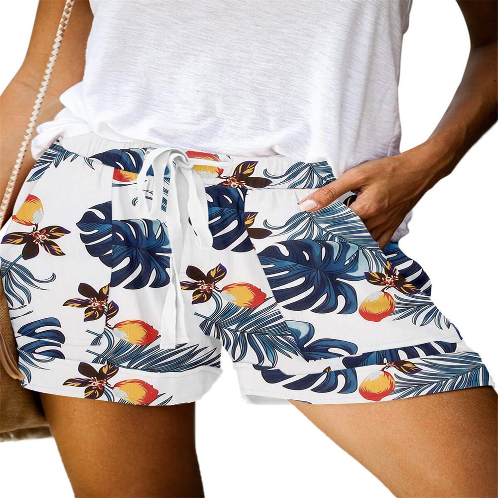 ONLYSHE Womens Comfy Drawstring Casual Elastic Waist Floral Print Color Block Shorts Summer