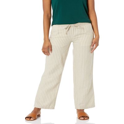 Amazon Essentials Women's Linen Blend Drawstring Wide Leg Pant, Natural Flax/White Ticking Stripe, Medium
