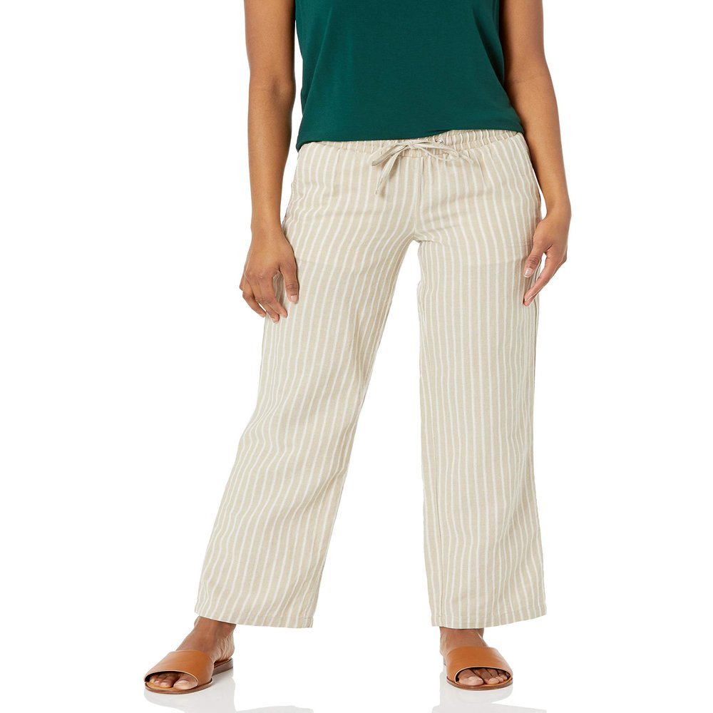 Amazon Essentials Women's Pull On Linen Blend Drawstring Relaxed Fit Wide Leg Pant, Ecru Stripe, Large