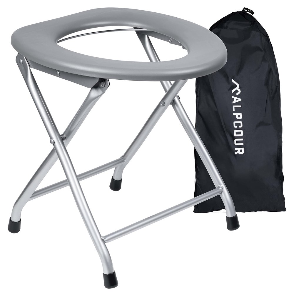 Alpcour Portable Toilet Seat  Compact Lightweight Indoor & Outdoor Commode w/Built-In Bag Hooks & Travel Bag  Heavy-Duty Stainless-Steel Chair is Durable & Convenient For Camping, Travel & Emergency