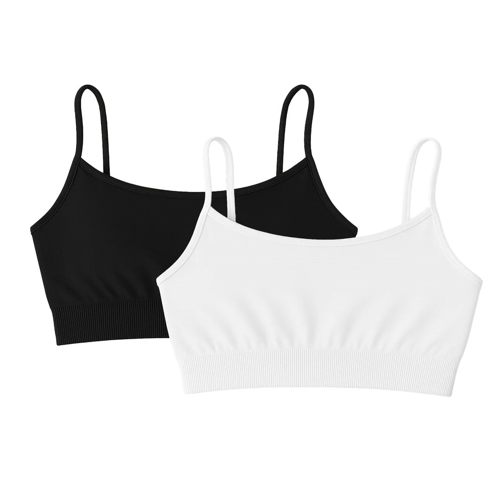 Kurve Girls Training Sports Bra Seamless Bralette Kids Crop Cami Tank Top UV Protective Fabric UPF 50+ Made in USA, Black/White 2 Pack, Age 4-8