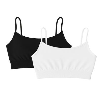 Kurve Girls Training Sports Bra Seamless Bralette Kids Crop Cami Tank Top UV Protective Fabric UPF 50+ Made in USA, Black/White 2 Pack, Age 9-14