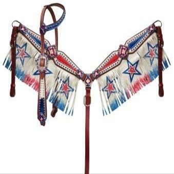 Showman Red/White/Blue Patriotic Headstall & Breast Collar Set w/Fringe